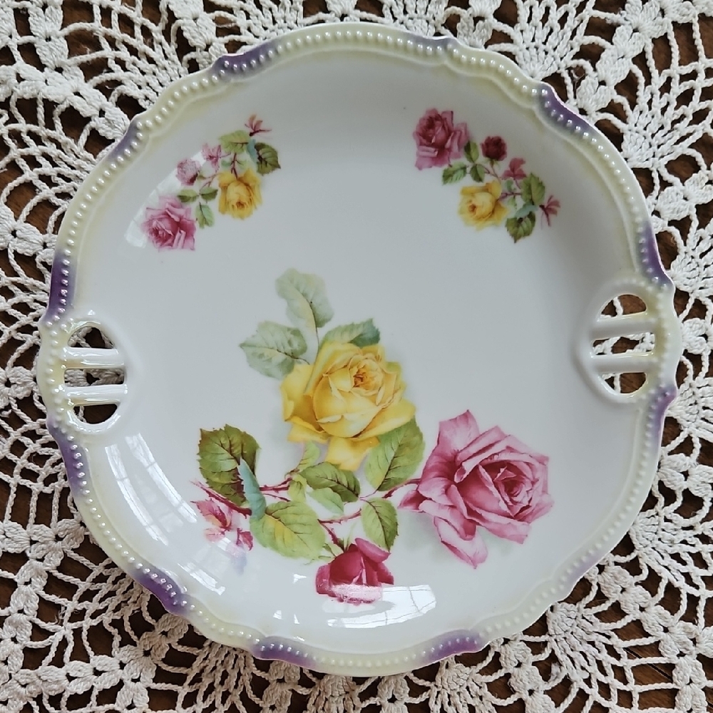 Antique PK Silesia 9" Lusterware Rose Serving Dish Cutout Handles